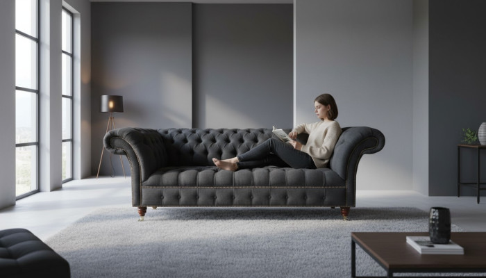 Chesterfield 3 Siedziba Włókienniczy Ciemnoszary Nowoczesny Design Kanapy Sofa Meble Designer