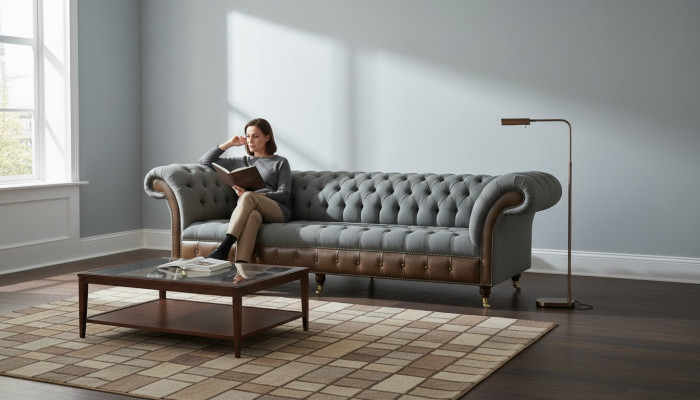Chesterfield 4 miejsce do siedzenia Gray Material Living Room Design Podkładka Sofa Duża Włókienniczy Meble