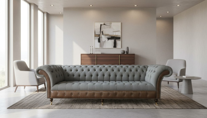 Chesterfield 4 miejsce do siedzenia Gray Material Living Room Design Podkładka Sofa Duża Włókienniczy Meble