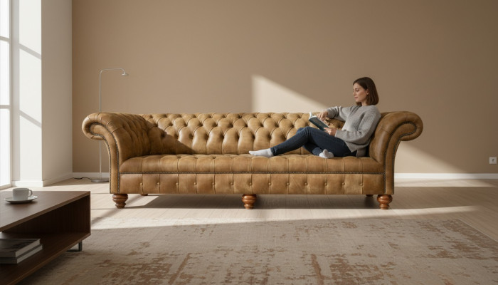 Chesterfield 4 miejsce do siedzenia Jasnobrązowe Nowoczesne designerskie kanapy Skóra Sofa Creative Meble
