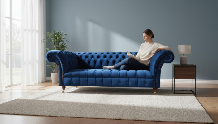 Chesterfield 3 miejsce do siedzenia Blue Design Kanapy Podkładka Sofy Aksamit Materiał Włókienniczy Luxury