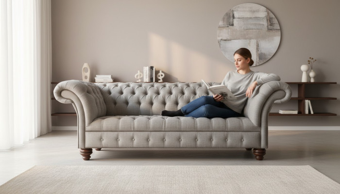 Chesterfield 3-osobowy salon Nowoczesna jasnoszara kanapa Sofa Nowy kreatywny materiał