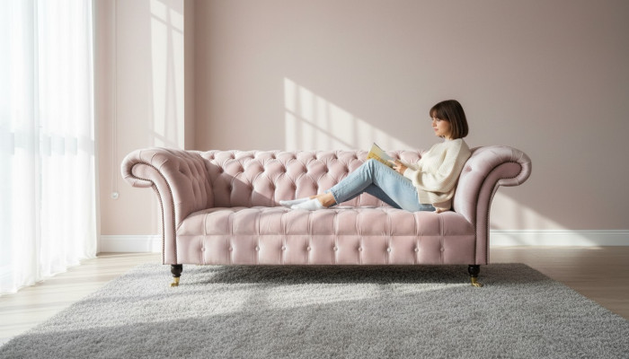 Chesterfield 3-osobowa jasnoróżowa kanapa Creative Meble Nowa sofa do salonu o nowoczesnym designie
