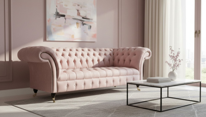 Chesterfield 3-osobowa jasnoróżowa kanapa Creative Meble Nowa sofa do salonu o nowoczesnym designie