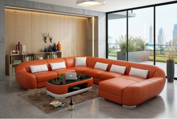 Nowoczesna skórzana sofa Narożnikowa kanapa Żywy krajobraz Siedziba Podkładka Couch Ustawić New FEo