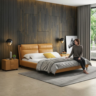 Design Skóra Łóżko Luksusowa Podkładka do łóżka Podwójna Sypialnia 180x200 Pomarańczowe Meble
