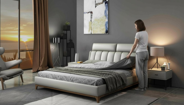 Nowoczesny design Łóżko 180x200 Skóra Drewno łóżko dwuosobowe w pokoju sypialnym