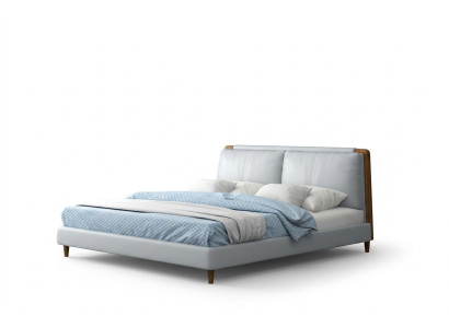 Nowoczesne Podwójne łóżko 180x200 w kolorze białej skóry z drewnianymi nogami
