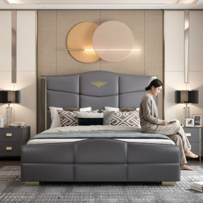 Design Podwójne łóżko skórzane łóżko Łóżko Skóra Podkładka Małżeństwo 180x200cm