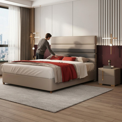 Skóra Podkładka do łóżka Hotel Luxury Designer Double Marriage Sypialnia Beżowa