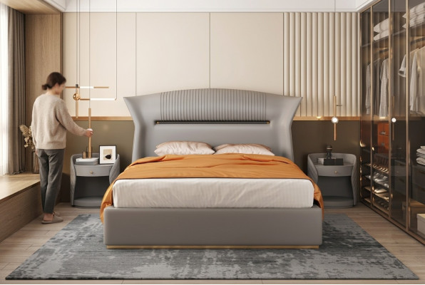 Szara Skóra Łóżko Design Sypialnia Meble Podwójne łóżko Luxury Hotel