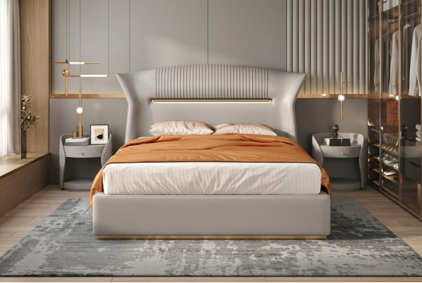 Szara Skóra Łóżko Design Sypialnia Meble Podwójne łóżko Luxury Hotel