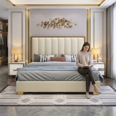 Łóżko łóżko Drewno Skóra Podkładka Marriage Design Skóra Hotel Boxspring Meble