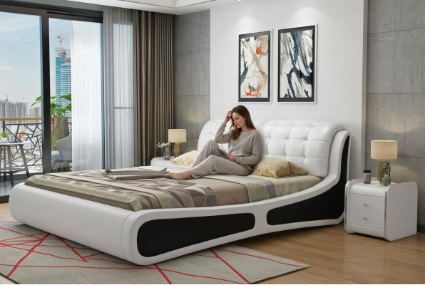 Łóżko Podkładka Design Luksusowe podwójne łóżko Biały 180x200cm Sleep Pokój Skóra