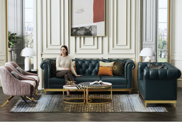Ciemnoniebieski Chesterfield 3+2 Zestaw sofowy Żywy krajobraz sofy tapicerowane kanapy