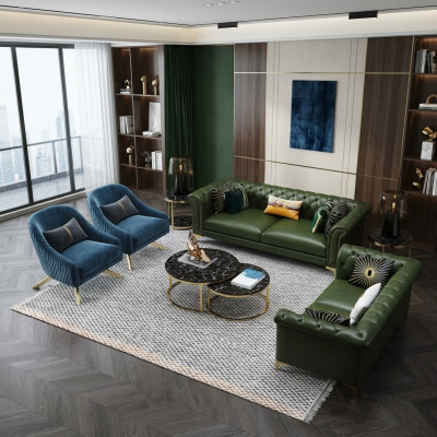 Dark Green Chesterfield Zestaw sofowy 3+2 miejsce do siedzenia Nowoczesna Podkładka Żywy krajobraz Sofas
