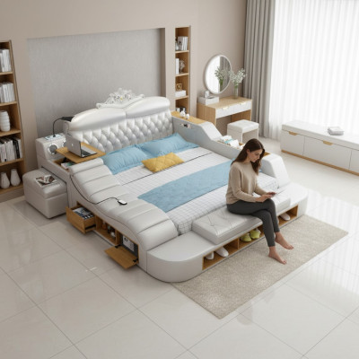 Double Luxury Design Hotel Skóra Łóżko Nowoczesna Podkładka do łóżka wielofunkcyjnego