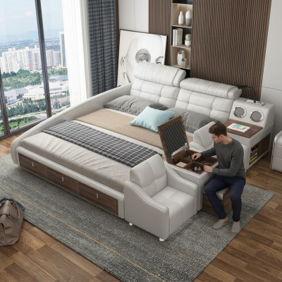 Wielofunkcyjne łóżko Luxury Design Skóra łóżka Hotel Double Zgłoszenie Półka