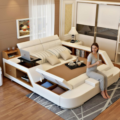 Double Luxury Design Skóra Łóżko Podkładka łóżka Modern Hotel