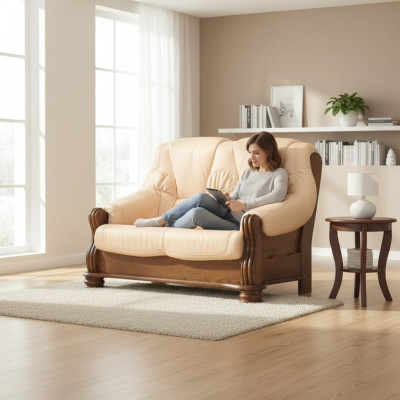 Sofa 2 miejsce do siedzenia Kanapa Sofy Kanapy Salon Drewno Skóra Meble dwuosobowe Nowe