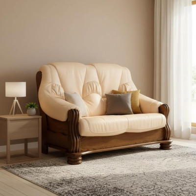 Sofa 2 miejsce do siedzenia Kanapa Sofy Kanapy Salon Drewno Skóra Meble dwuosobowe Nowe