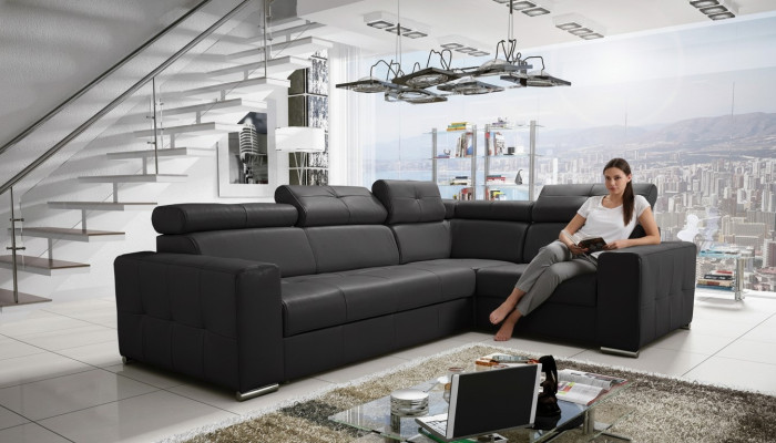 Narożnikowa kanapa Kanapa Tapicerka Salonowa Skóra L-Shape Nowe Nowoczesne Sofy Czarny Design