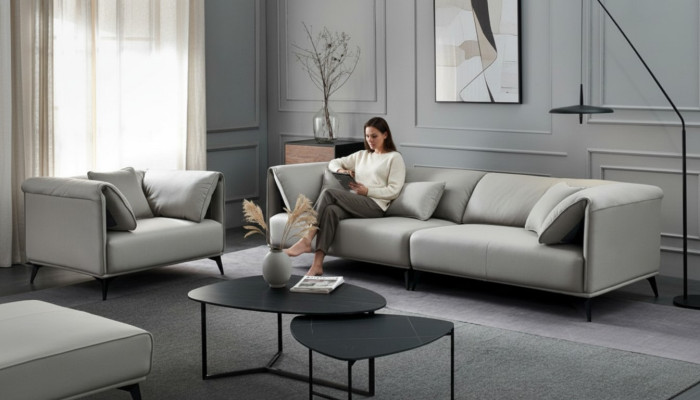 Pokój dzienny Sofy Kanapy Tapicerka 4 miejsce do siedzenia Grey Design Xxl Duża Sofa