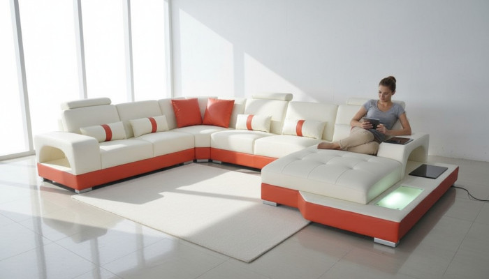 Narożnikowa kanapa Skóra Sofa Kanapa Podkładka Narożnik Siedziba Żywy krajobraz Kształt U Kremowy Pomarańczowy Nowość