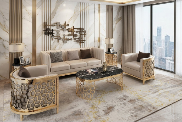 Design Podkładka Sofy Skóra Relaks Modern NOWOŚĆ Zestaw wypoczynkowy w kolorze beżowym 3+1+1 miejsce do siedzenia