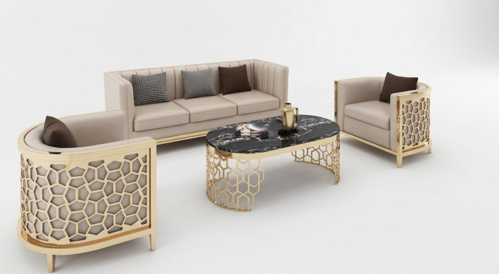 Design Podkładka Sofy Skóra Relaks Modern NOWOŚĆ Zestaw wypoczynkowy w kolorze beżowym 3+1+1 miejsce do siedzenia