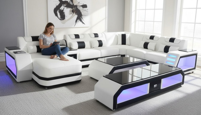 U Shape Żywy krajobraz Nowoczesne luksusowe kanapy Narożnikowa kanapa Kształt U Couch sztuczna skóra Biały