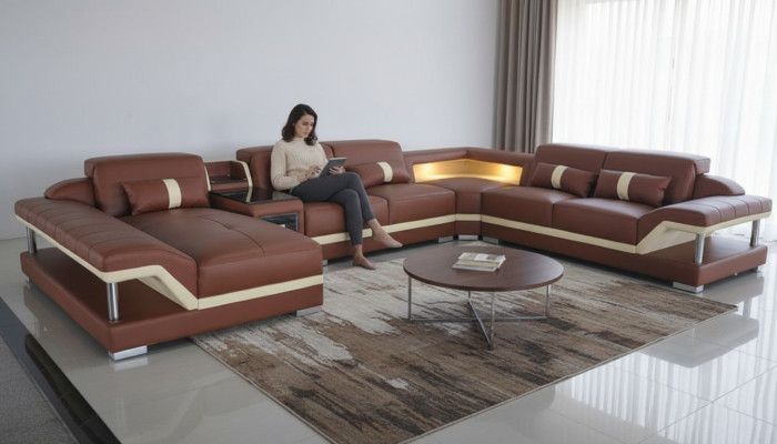 Żywy krajobraz Kształt U Cream Brown Narożnikowa kanapa Skóra Sofa Couch Podkładka Narożnik Siedziba Nowy