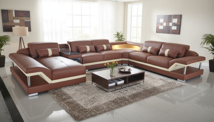 Żywy krajobraz Kształt U Cream Brown Narożnikowa kanapa Skóra Sofa Couch Podkładka Narożnik Siedziba Nowy