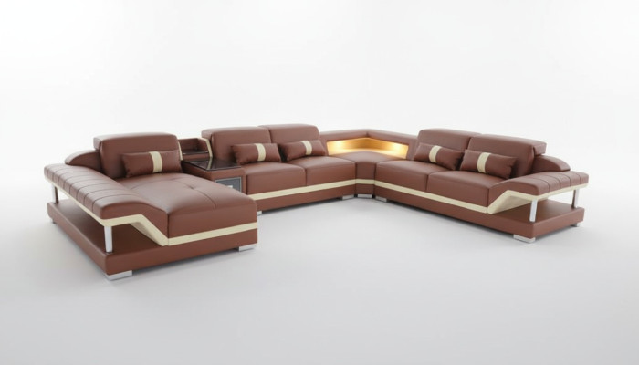 Żywy krajobraz Kształt U Cream Brown Narożnikowa kanapa Skóra Sofa Couch Podkładka Narożnik Siedziba Nowy