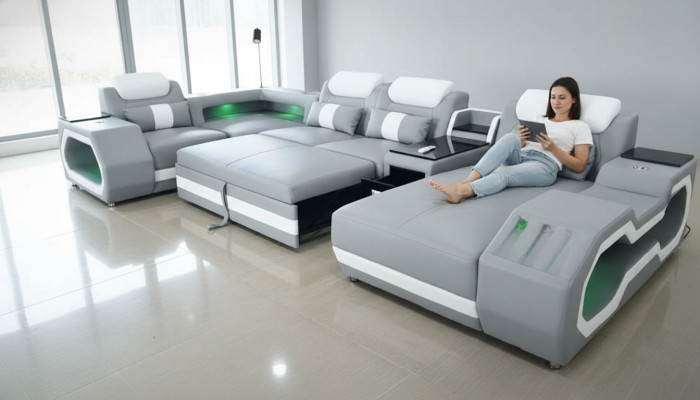 Szara Nowa Sofa Kształt U Sofa Tkaninowa Żywy krajobraz Design Nowoczesne Sofy Skóra