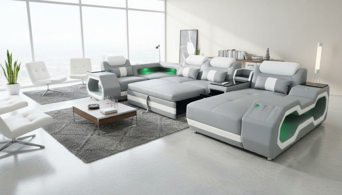 Szara Nowa Sofa Kształt U Sofa Tkaninowa Żywy krajobraz Design Nowoczesne Sofy Skóra