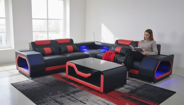 Salon Narożnikowa kanapa Tekstylna Skóra Drewno Nowoczesny Design Kanapa Tapicerowana w kształcie litery L Nowość