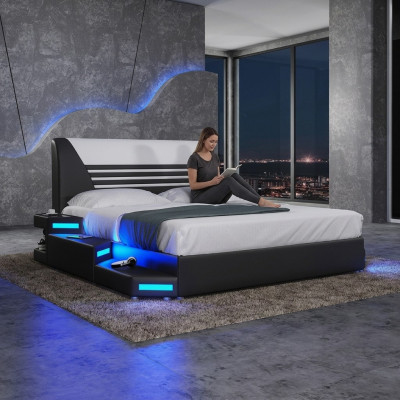 łóżko Stylowe Designerskie Podwójne łóżko Meble Podkładka Skóra Biały 180x200 NOWOŚĆ