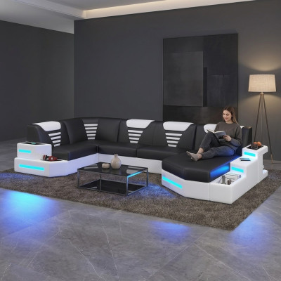 Narożnik Sofa Couch Podkładka Narożnik Skóra Couchen Żywy krajobraz U Shape +LED