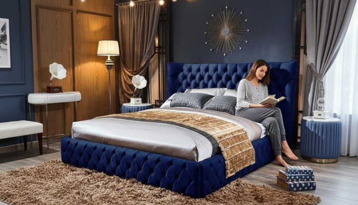 łóżko Chesterfield Desi180x200gn Podwójne łóżko Meble Podkładka Włókienniczy Blue Łóżko Nowe