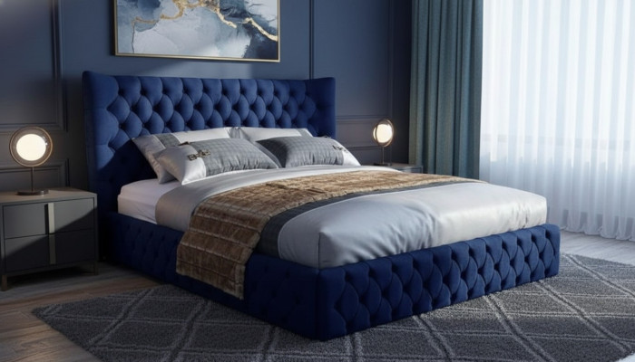 łóżko Chesterfield Desi180x200gn Podwójne łóżko Meble Podkładka Włókienniczy Blue Łóżko Nowe
