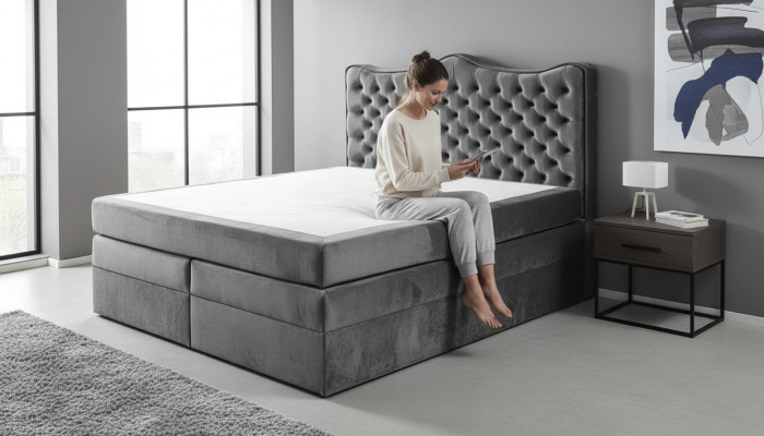 Łóżko skrzyniowe z materacem sprężynowym Podkładka Łóżko Hotel Skóra Włókienniczy Materiał 180x200cm Aksamit Meble