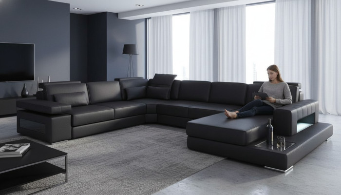 Żywy krajobraz funkcja łóżka Skóra Narożnikowa kanapa Kształt U Sofa Couch Włókienniczy Sofas Design