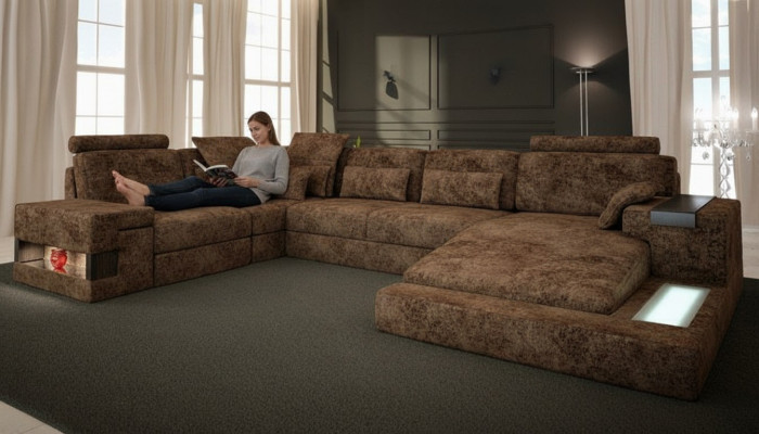 Narożnikowa kanapa Kształt U Couch Design Podkładka Włókiennicza Nowa funkcja łóżka Żywy krajobraz Materiał
