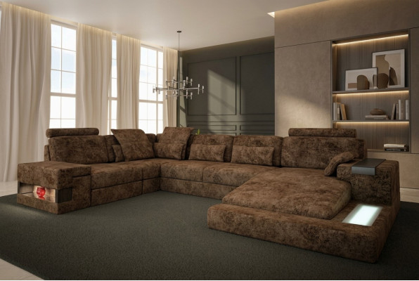 Narożnikowa kanapa Kształt U Couch Design Podkładka Włókiennicza Nowa funkcja łóżka Żywy krajobraz Materiał