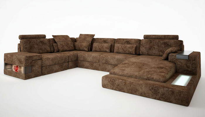 Narożnikowa kanapa Kształt U Couch Design Podkładka Włókiennicza Nowa funkcja łóżka Żywy krajobraz Materiał
