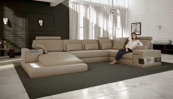 Żywy krajobraz Skóra Design Narożnikowa kanapa Kształt U Sofa Funkcja łóżka Couch Włókienniczy Sofy