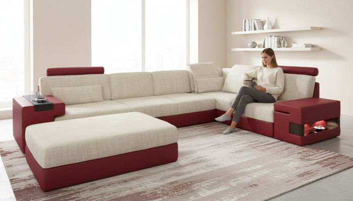 Nowoczesna Sofa Narożnik Zestaw Sofy Tapicerowane w kształcie litery L Kanapy Kanapa Stołek Living Meble