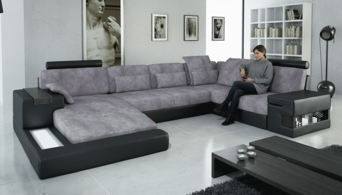 Designerska Nowoczesna Luksusowa Sofa Włókiennicza Kształt U Meble z łóżkiem Funkcje szara NOWOŚĆ