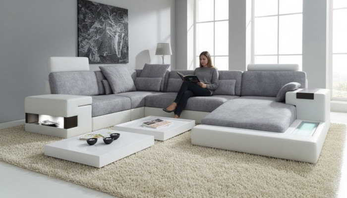 Nowoczesna sofa włókiennicza Kształt U Meble z łóżkiem Funkcje Schowek Szara NOWOŚĆ